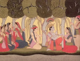 Radha and Krishna Seated in a Grove, Kulu, 1790-1800